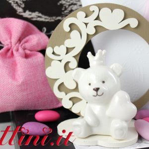 Orsetto Rosa in Porcellana con Supporto in Legno